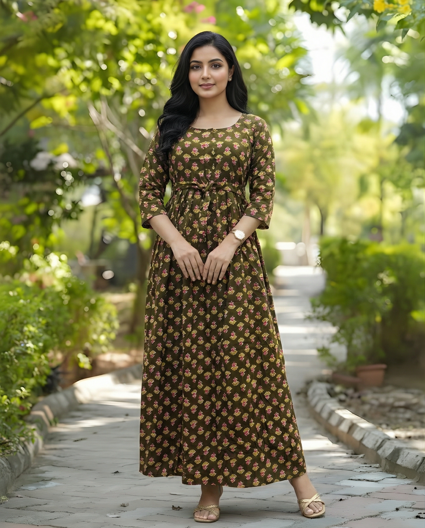 Green Pink Flower - Maternity Kurti with Feeding Zips - Soft Rayon