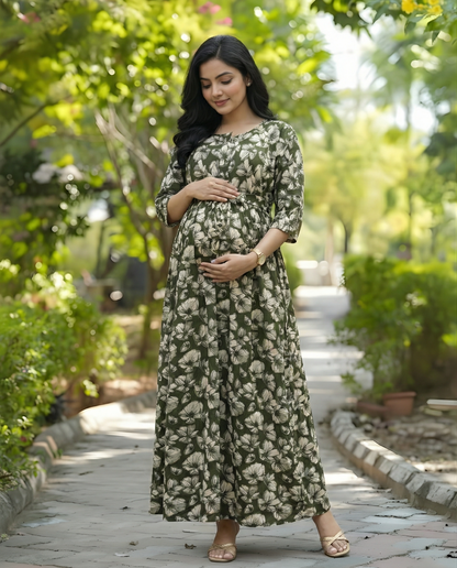 Hibiscus Green Flower - Maternity Kurti with Feeding Zips - Soft Rayon