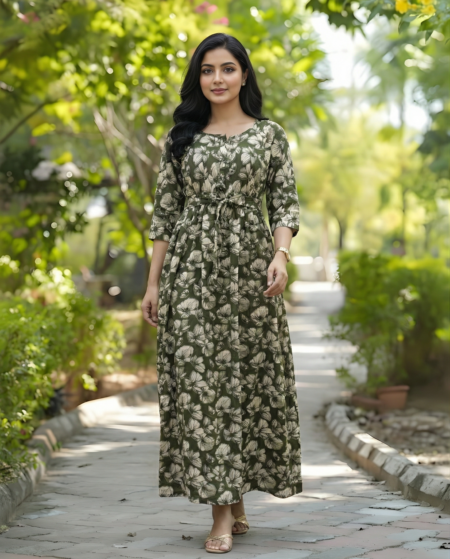 Hibiscus Green Flower - Maternity Kurti with Feeding Zips - Soft Rayon