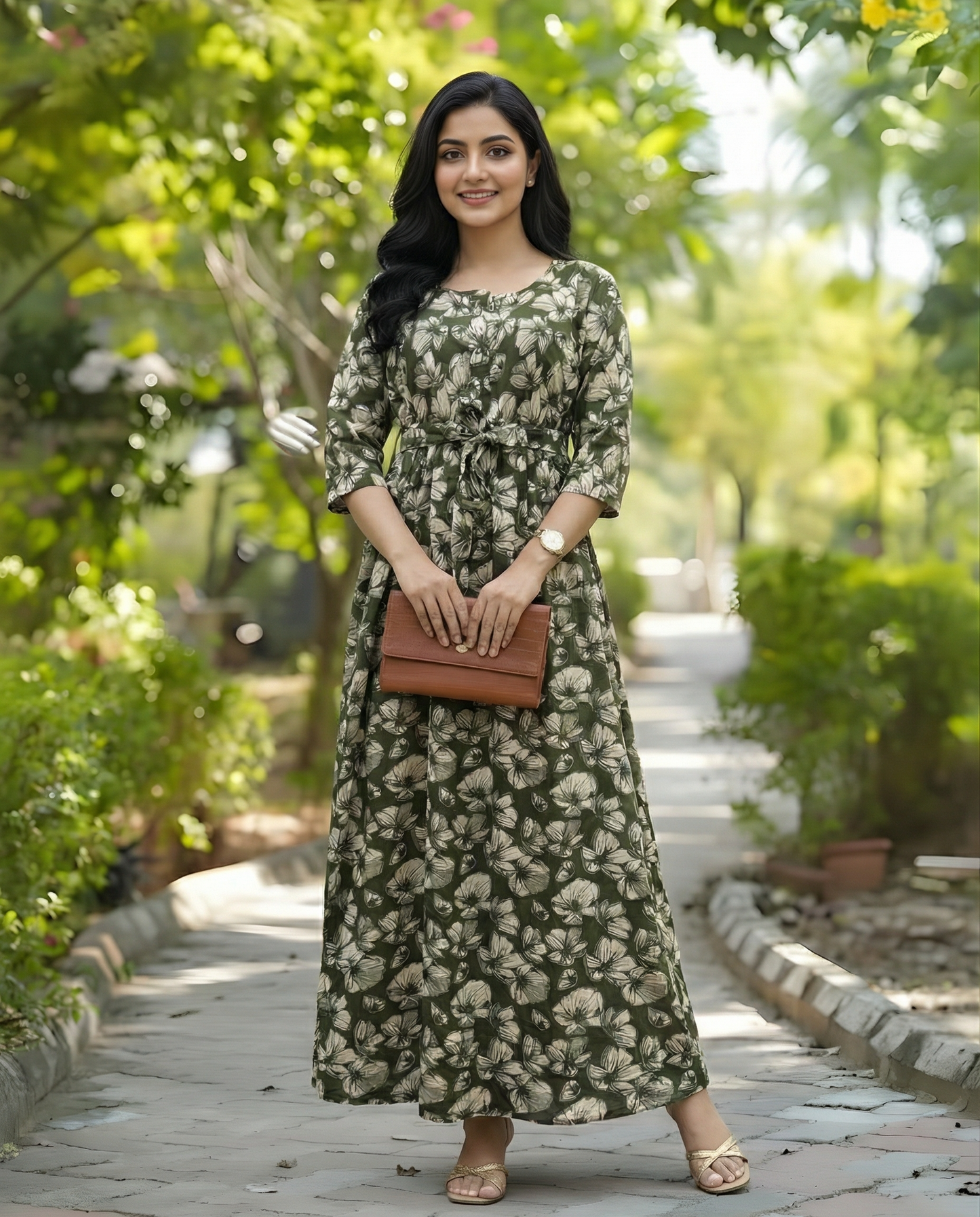 Hibiscus Green Flower - Maternity Kurti with Feeding Zips - Soft Rayon