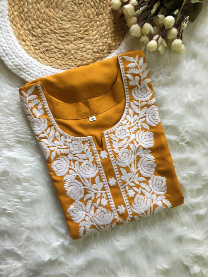 Dessert Yellow - Rose Design - Embroidery Kurti - Soft Rayon