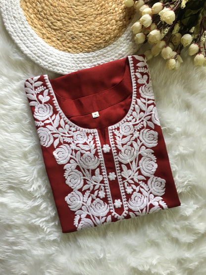 Maroon - Rose Design - Embroidery Kurti - Soft Rayon