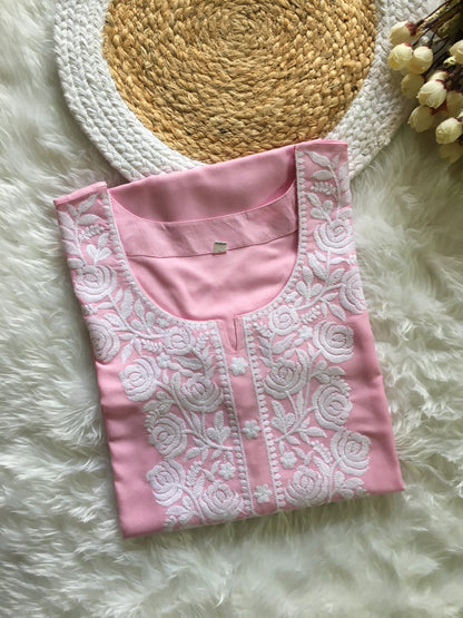 Baby Pink - Rose Design - Embroidery Kurti - Soft Rayon