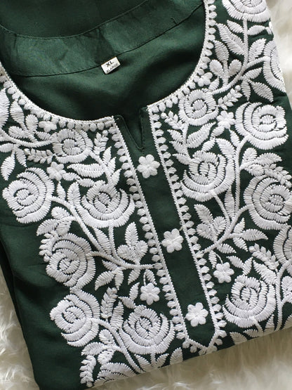 Green - Rose Design - Embroidery Kurti - Soft Rayon