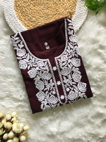 Wine - Rose Design - Embroidery Kurti - Soft Rayon