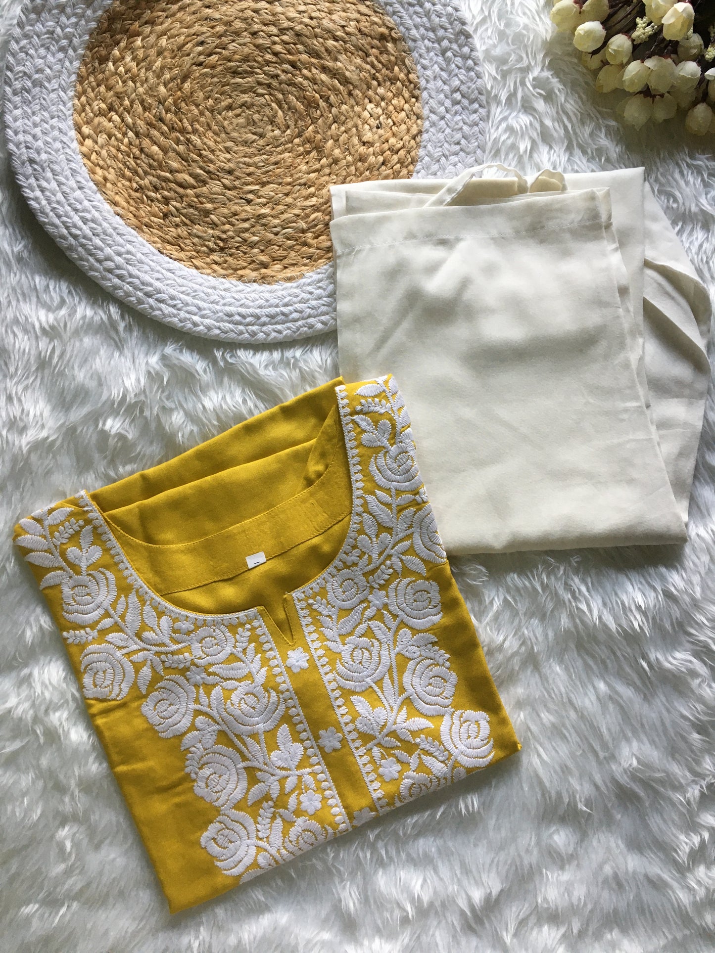 Lemon Haldi - Rose Embroidery Design Kurti with Pant  - Cord Set