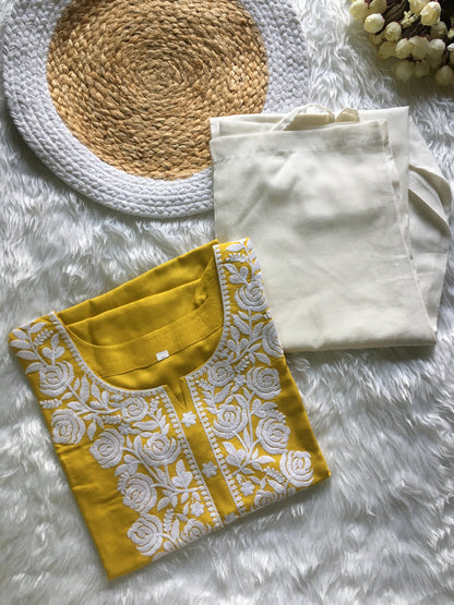 Lemon Haldi - Rose Embroidery Design Kurti with Pant  - Cord Set