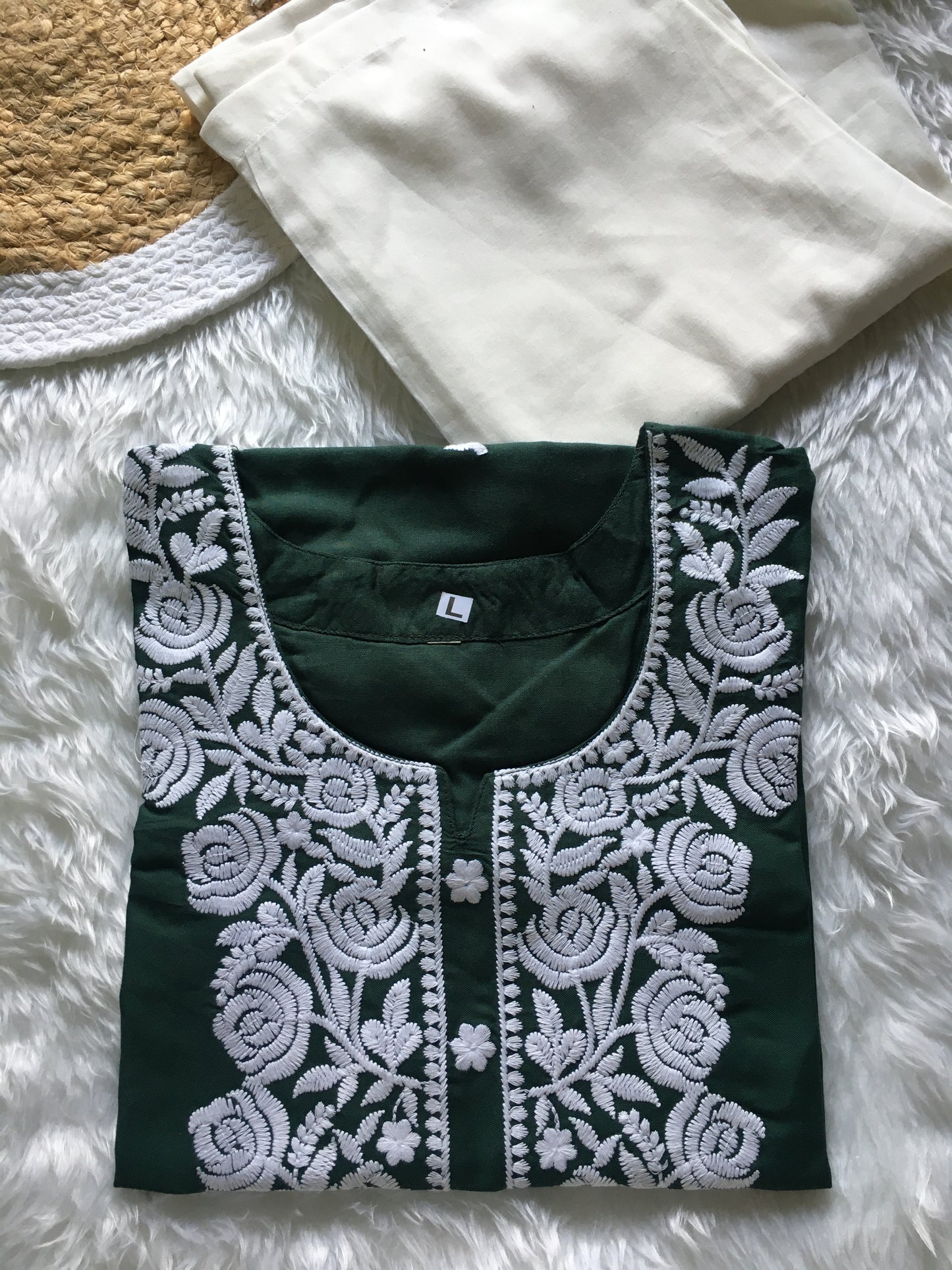 Green - Rose Embroidery Design Kurti with Pant  - Cord Set