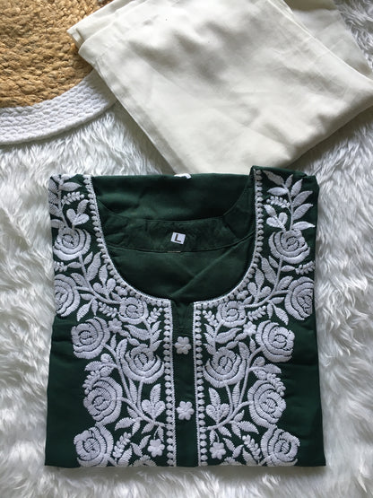 Green - Rose Embroidery Design Kurti with Pant  - Cord Set