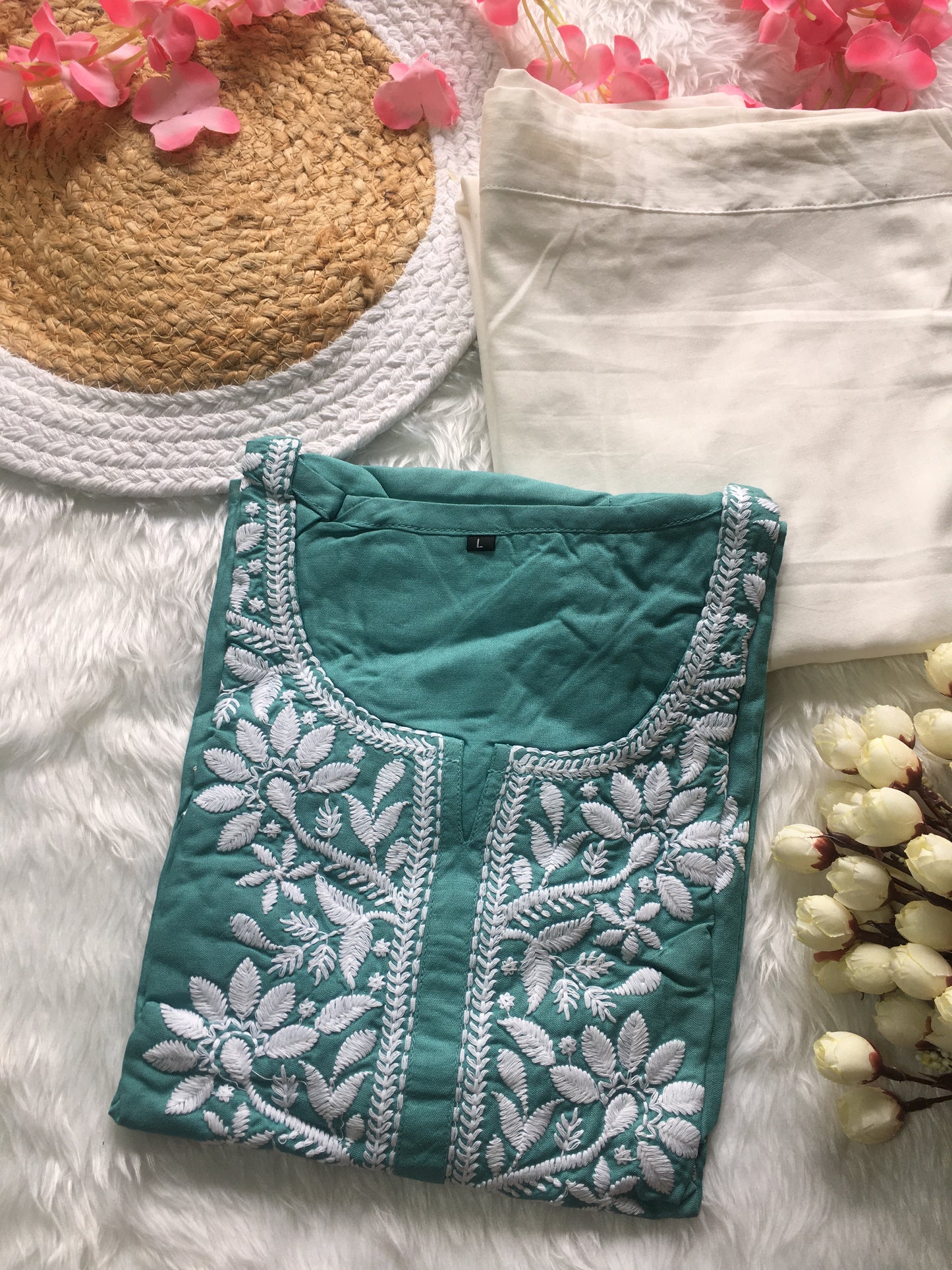 Turquoise -  Sunflower Embroidery Design Kurti with Pant - Cord Set