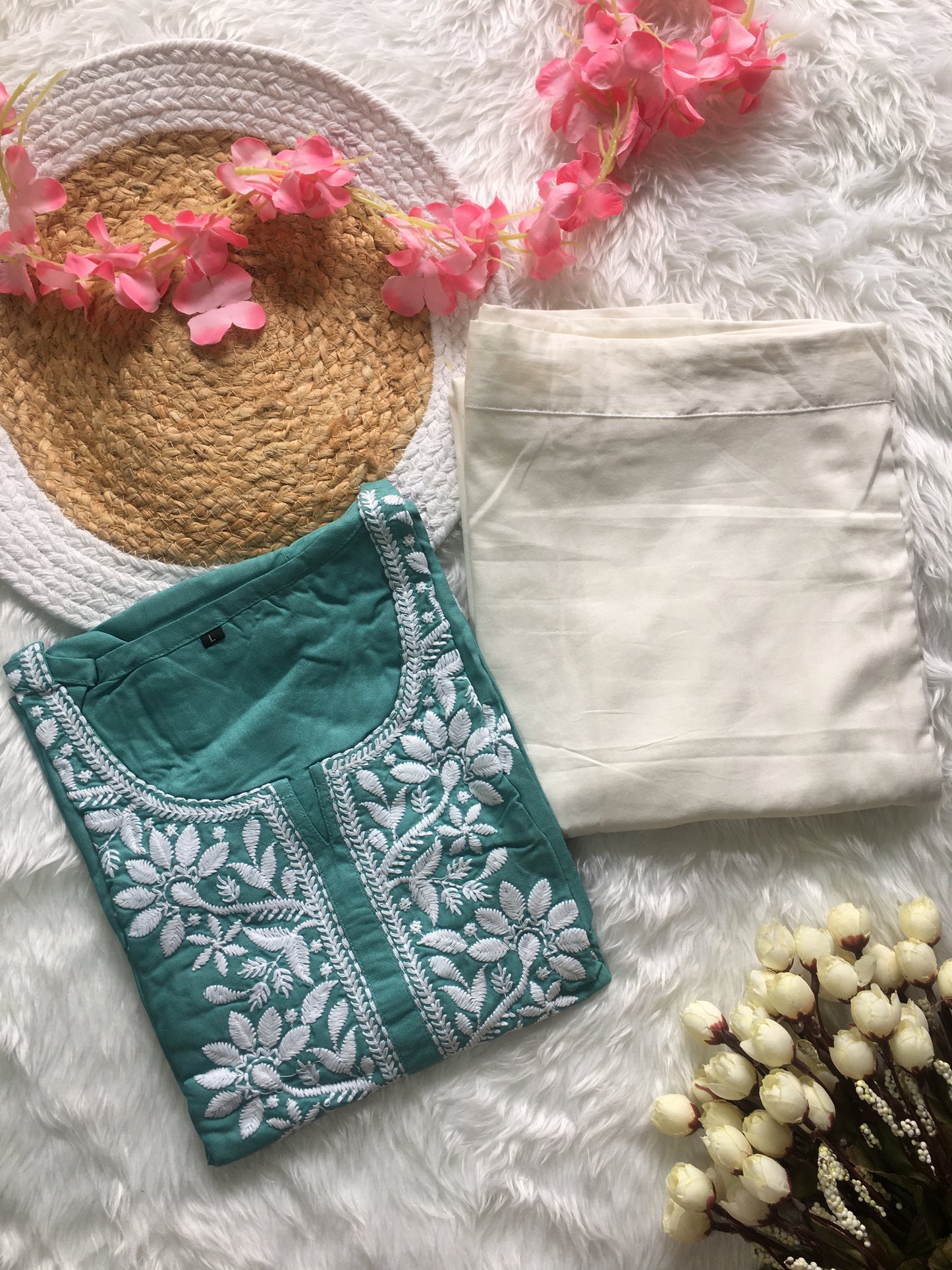 Turquoise -  Sunflower Embroidery Design Kurti with Pant - Cord Set