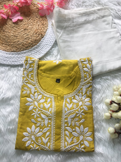 Yellow ( Haldi / Lemon  ) -  Sunflower Embroidery Design Kurti with Pant - Cord Set