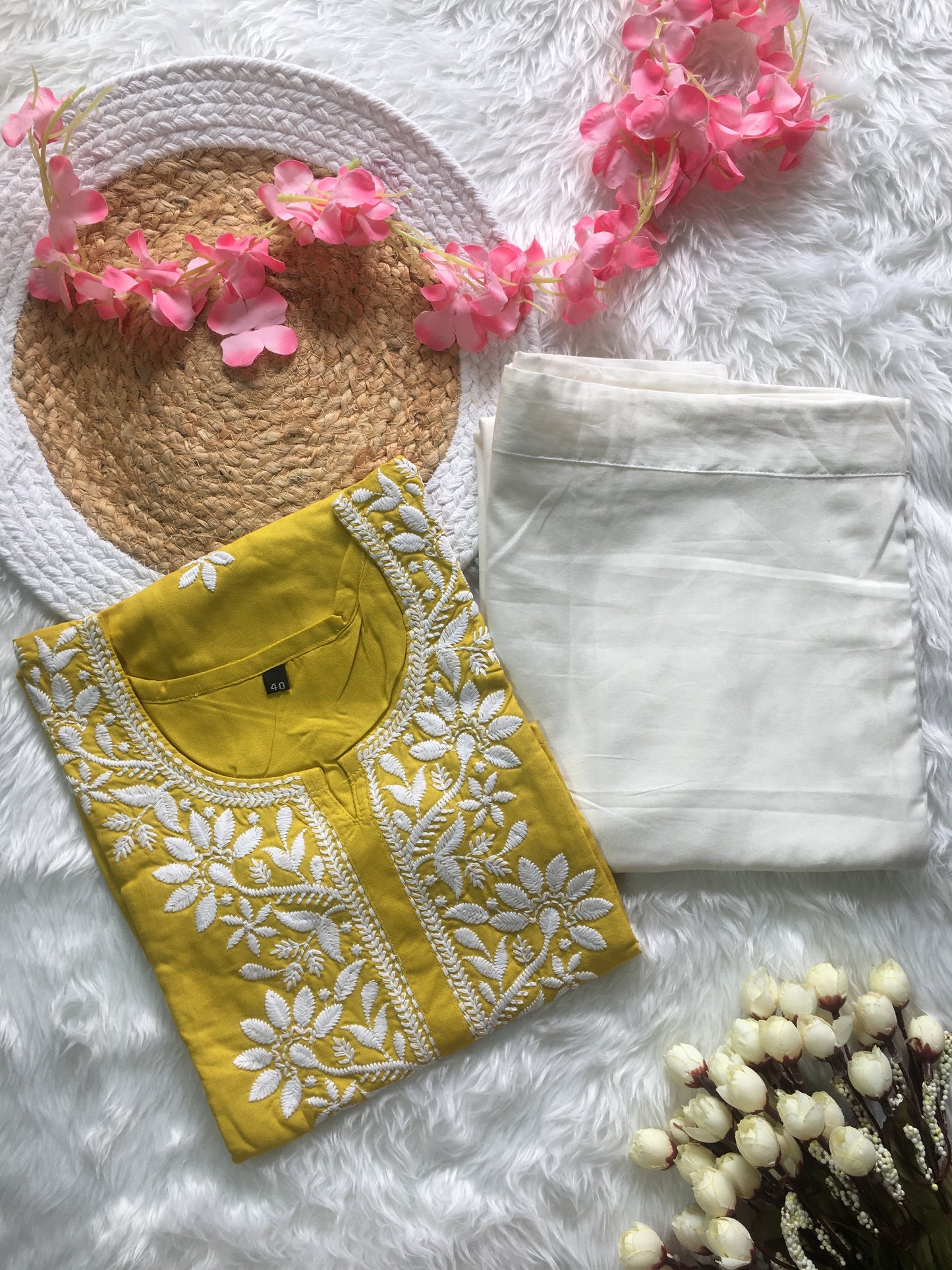 Yellow ( Haldi / Lemon  ) -  Sunflower Embroidery Design Kurti with Pant - Cord Set