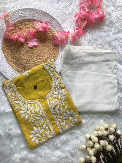 Yellow ( Haldi / Lemon  ) -  Sunflower Embroidery Design Kurti with Pant - Cord Set
