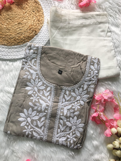 Light Grey -  Sunflower Embroidery Design Kurti with Pant - Cord Set
