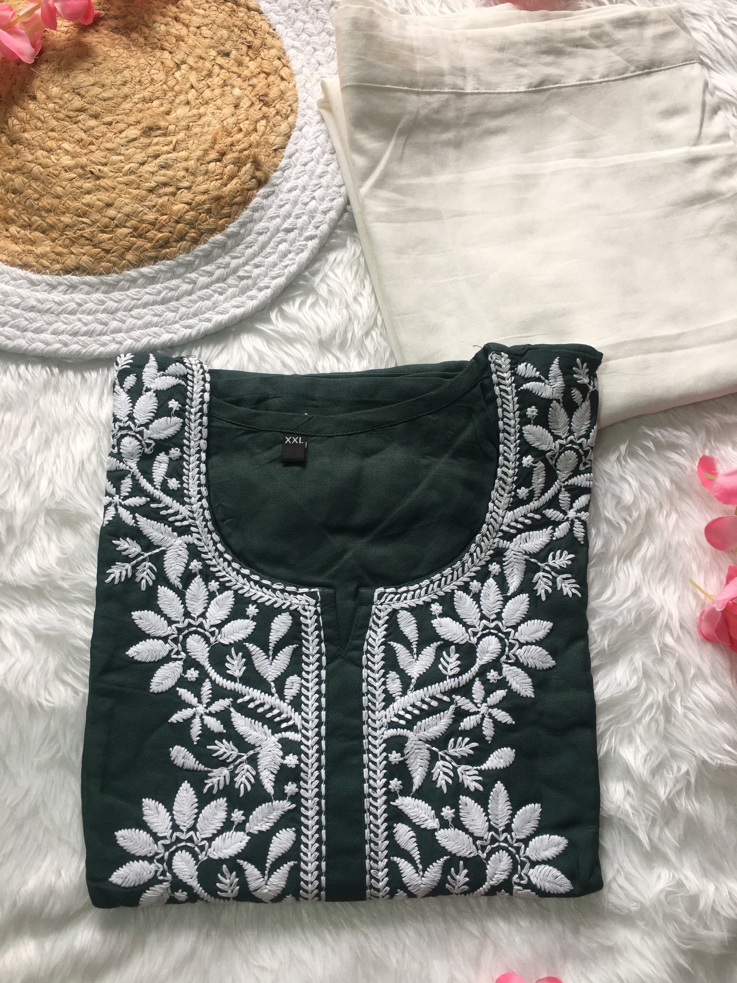 Dark Green -  Sunflower Embroidery Design Kurti with Pant - Cord Set