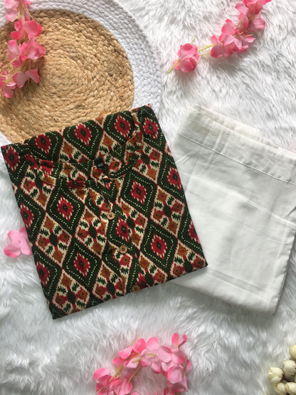 4 tone Print - Green - Cord Set - White Pant  - Pure Cotton