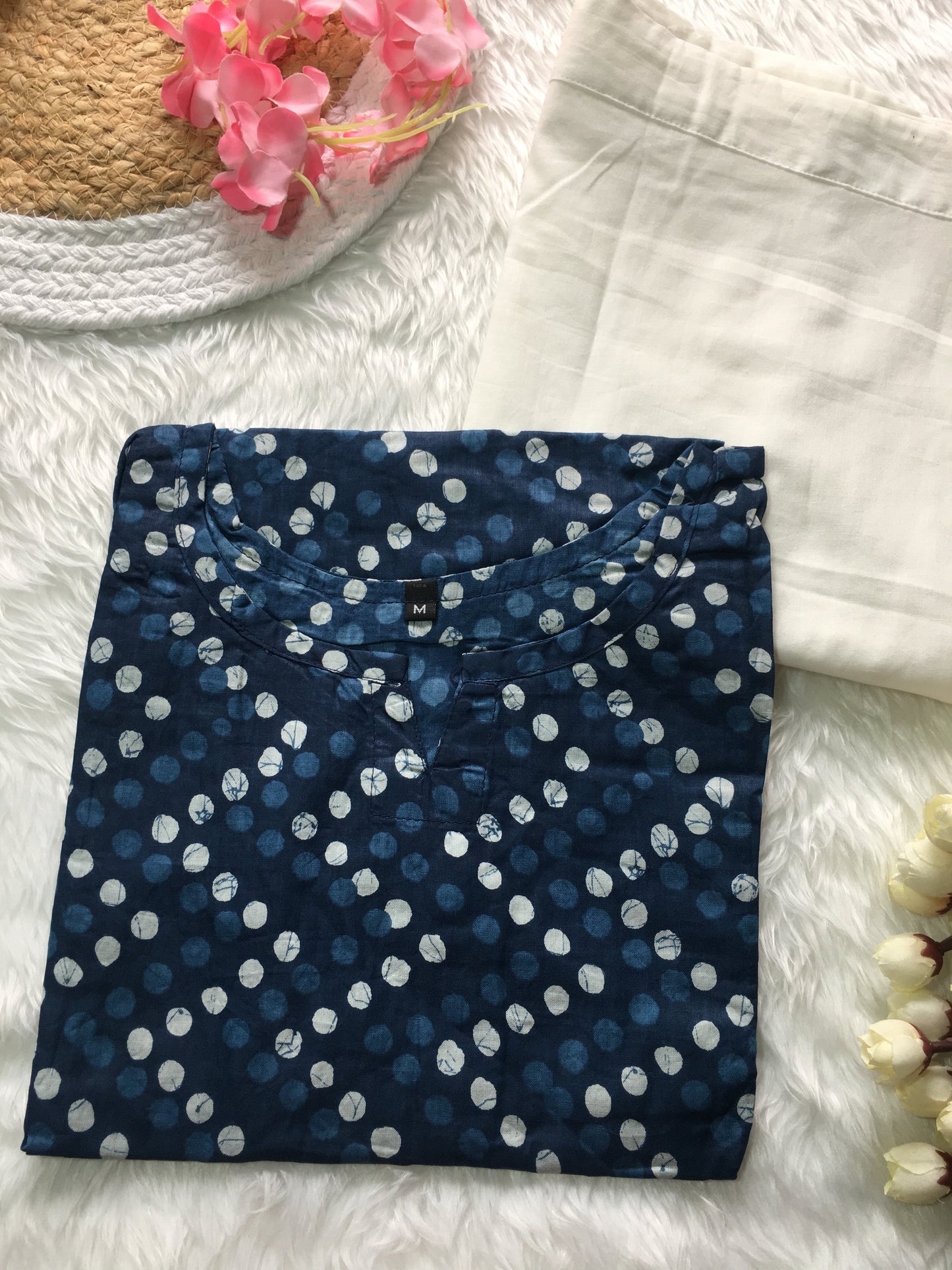 Blue Polka - Cord Set - White Pant  - Pure Cotton