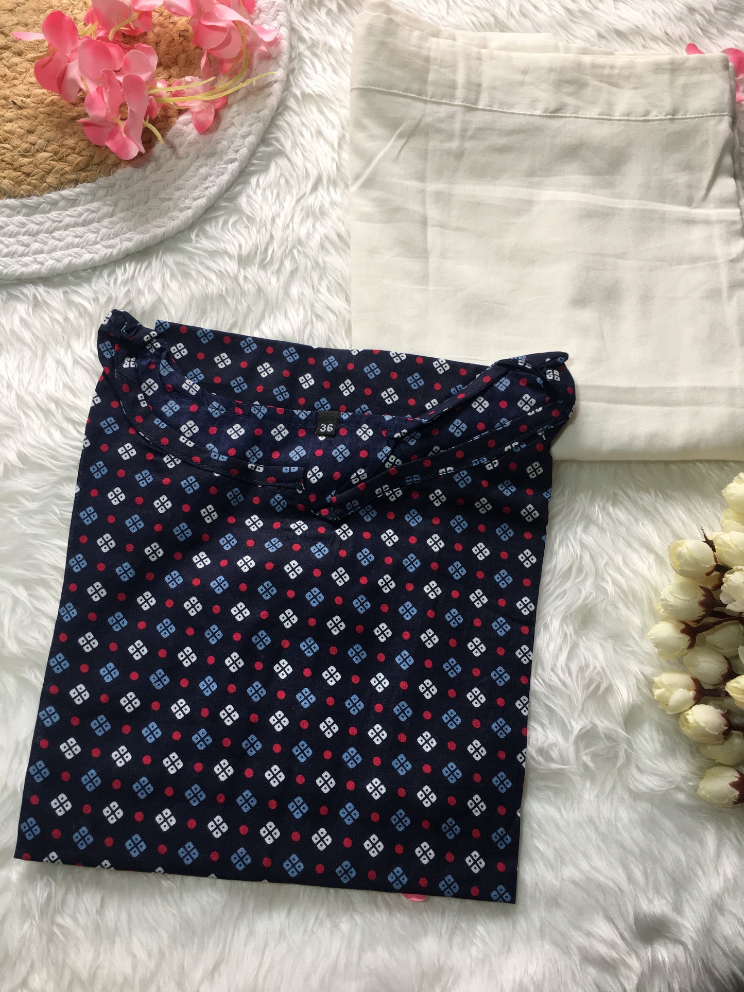 Blue Dot Bandhani - Cord Set - White Pant  - Pure Cotton