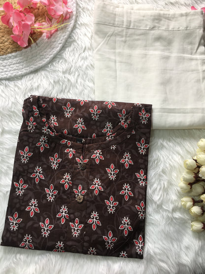 Brown Flower - Cord Set - White Pant  - Pure Cotton