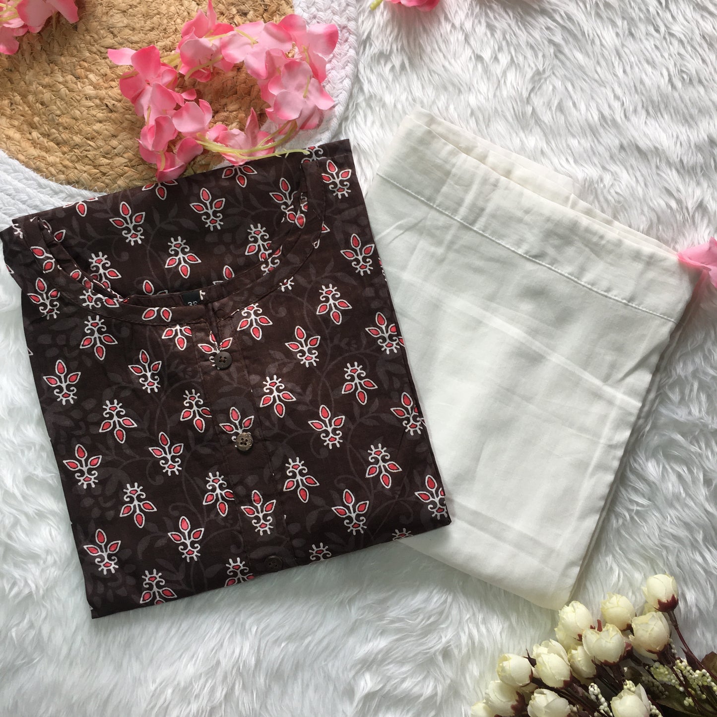 Brown Flower - Cord Set - White Pant  - Pure Cotton