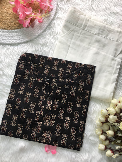 Black Cream Ajrakh - Cord Set - White Pant  - Pure Cotton