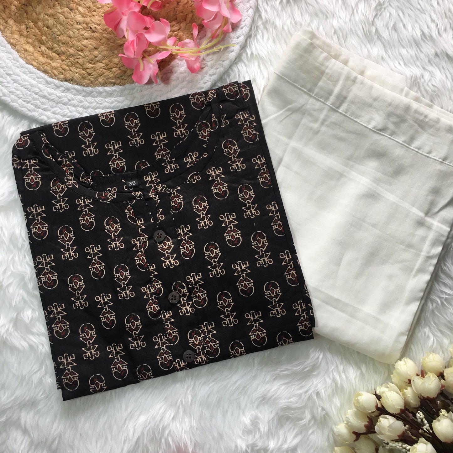 Black Cream Ajrakh - Cord Set - White Pant  - Pure Cotton