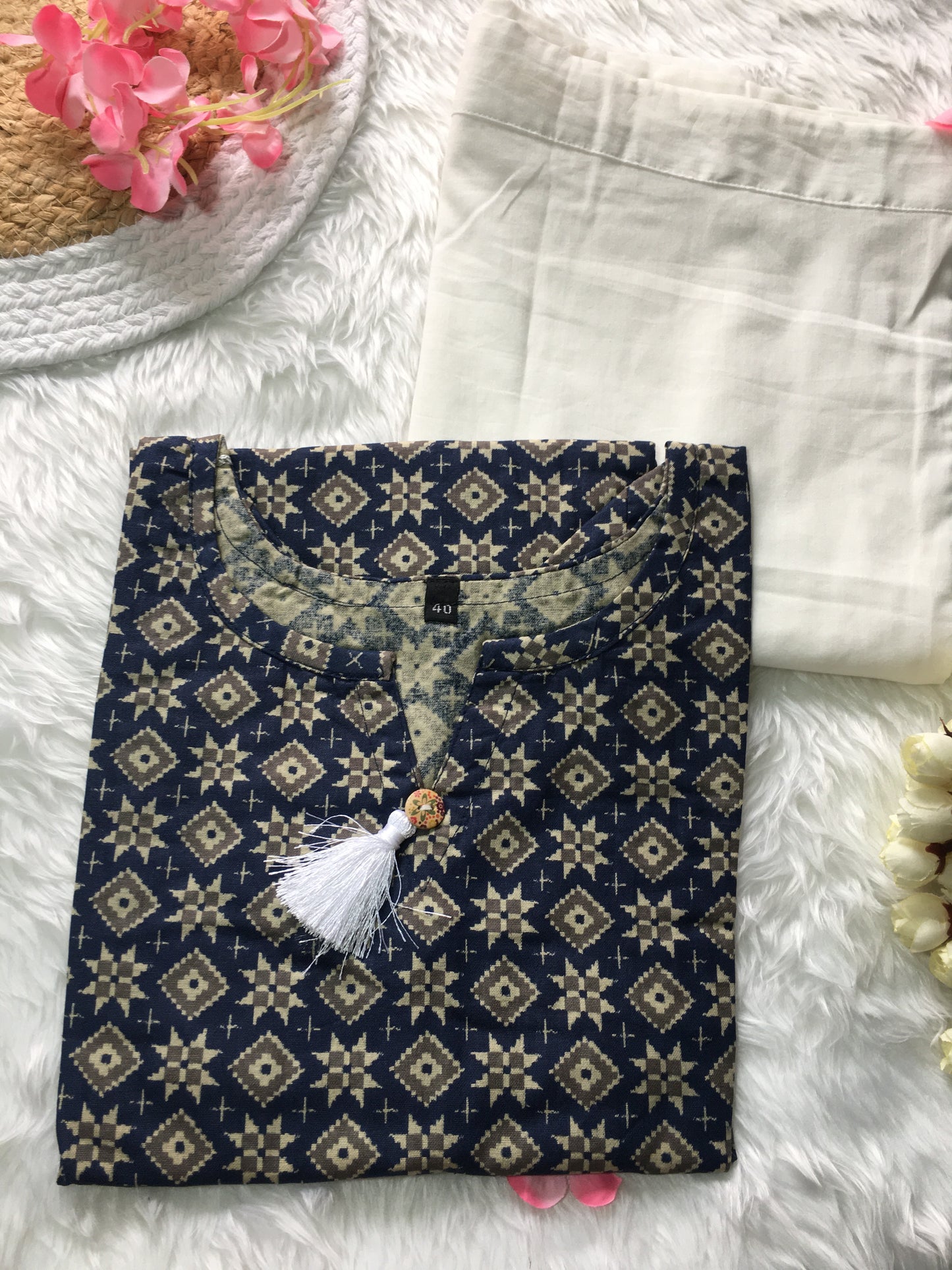 Blue Grey Patola - Cord Set - White Pant  - Pure Cotton