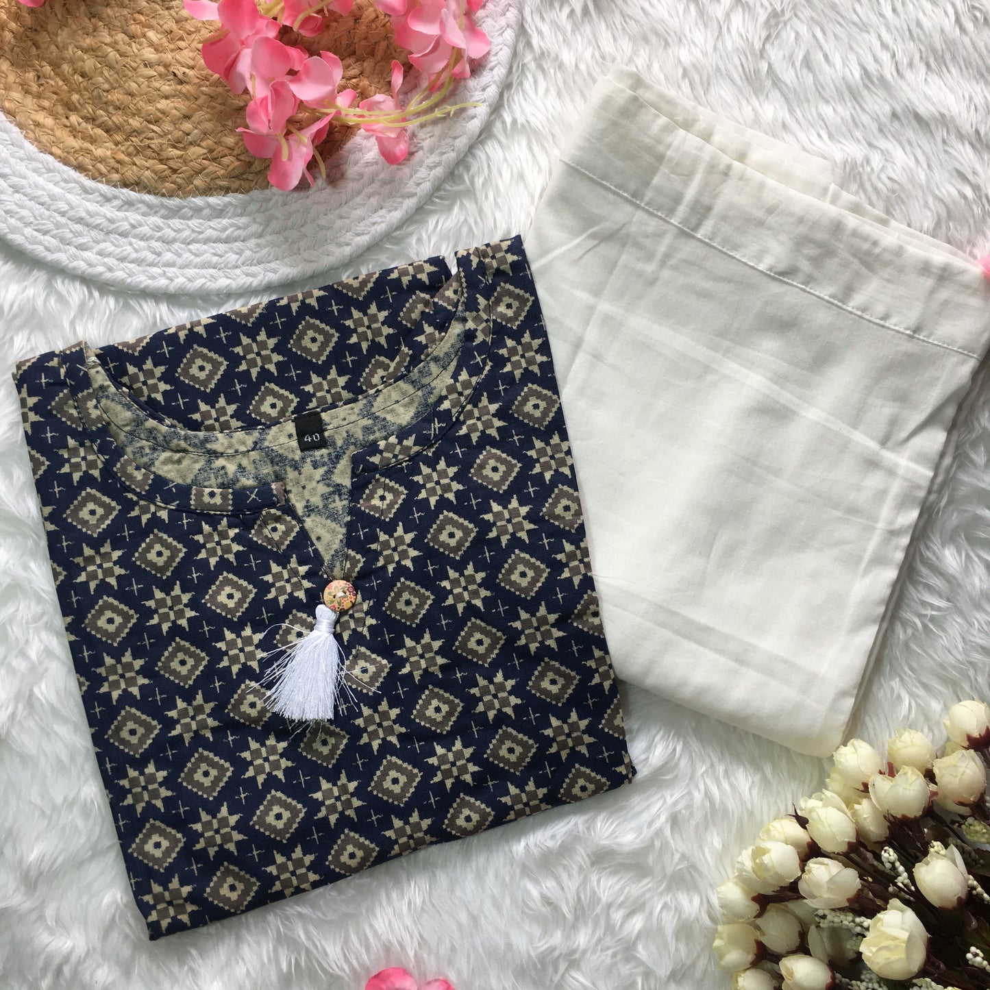 Blue Grey Patola - Cord Set - White Pant  - Pure Cotton
