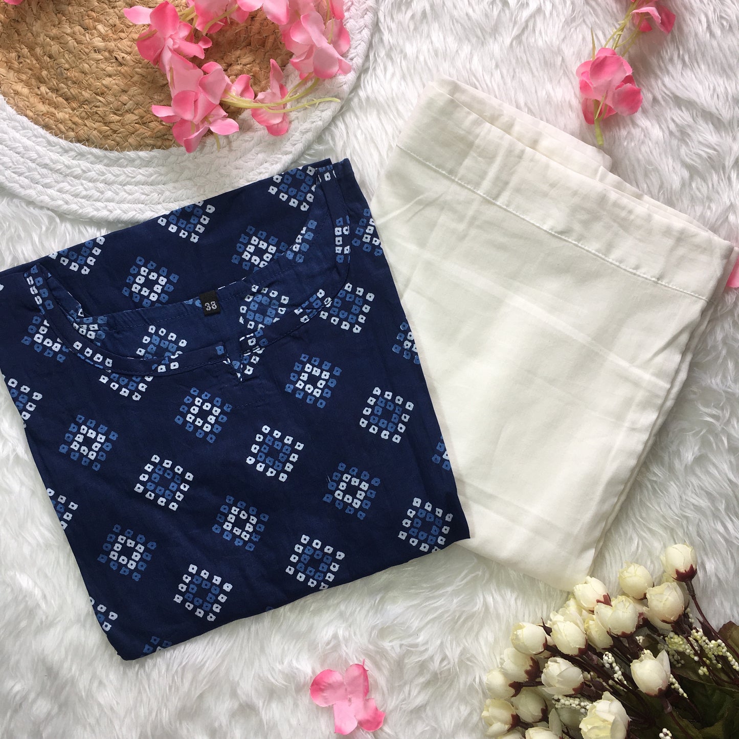 Blue Square Bandhani - Cord Set with White Pant  - Pure Cotton