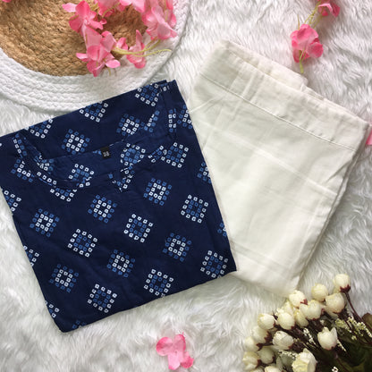 Blue Square Bandhani - Cord Set with White Pant  - Pure Cotton