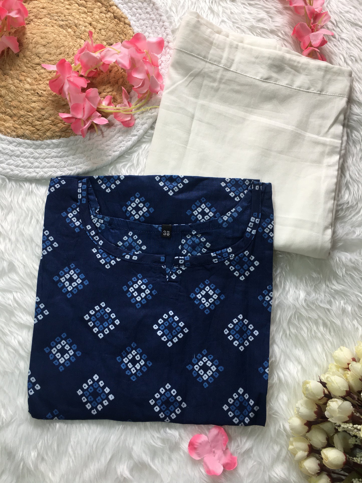 Blue Square Bandhani - Cord Set with White Pant  - Pure Cotton