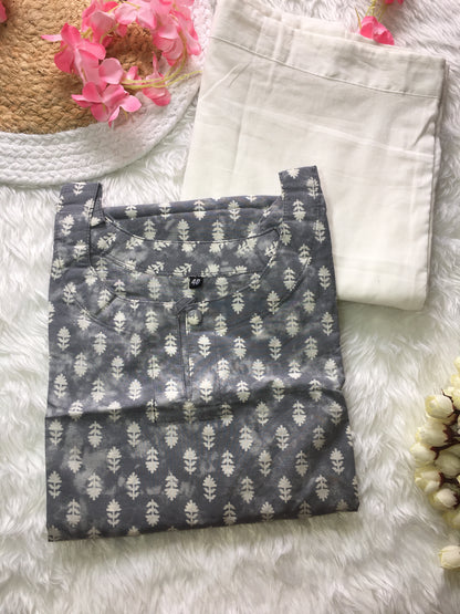 Grey White Leaf Design - Knee Length Kurti with White Pant   - Pure Cotton
