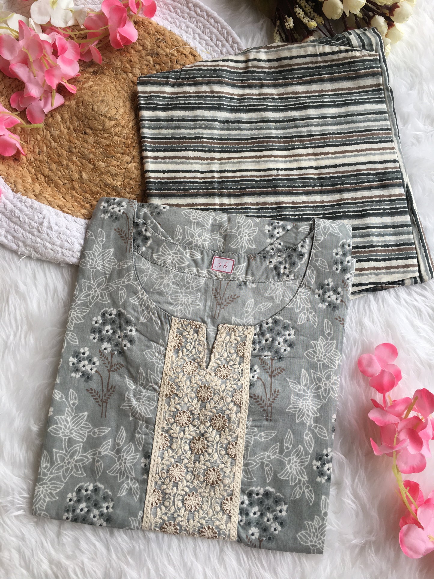 Light Grey Flower Print Kurti Set