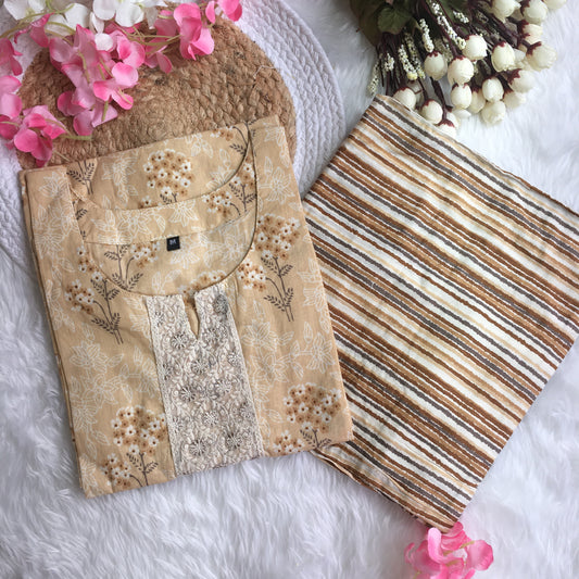Cream Flower Print Kurti Set