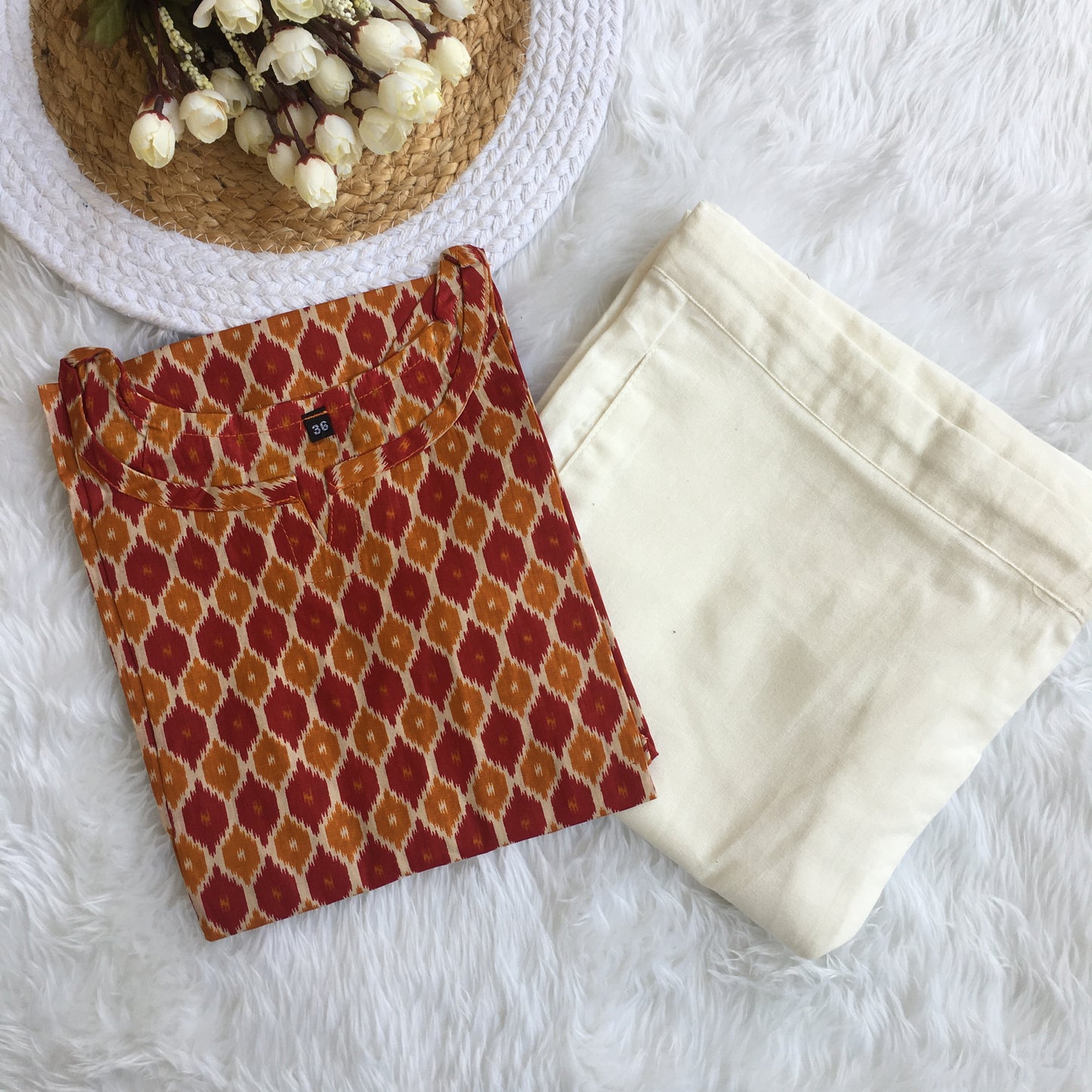 Red Orange Honey - Cord Set - White Pant  - Pure Cotton