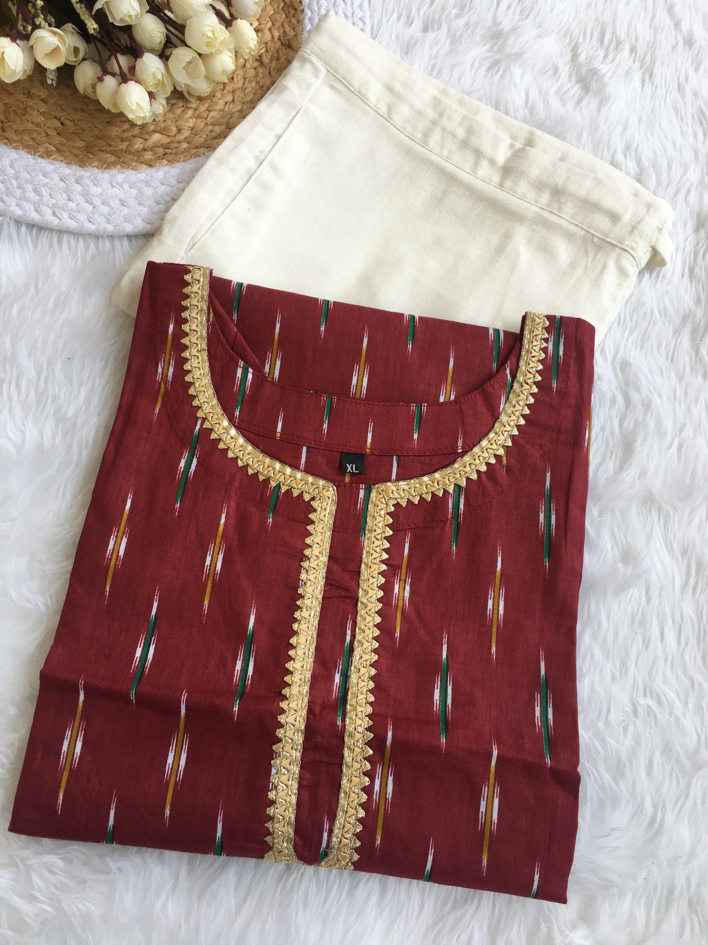 Maroon Ikkat Golden Lace - Knee Length - Cord Set - White Pant  - Pure Cotton