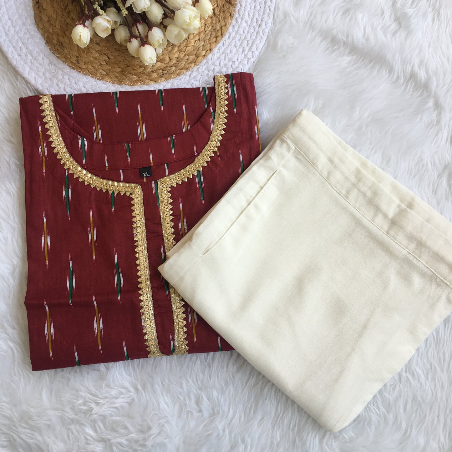 Maroon Ikkat Golden Lace - Knee Length - Cord Set - White Pant  - Pure Cotton