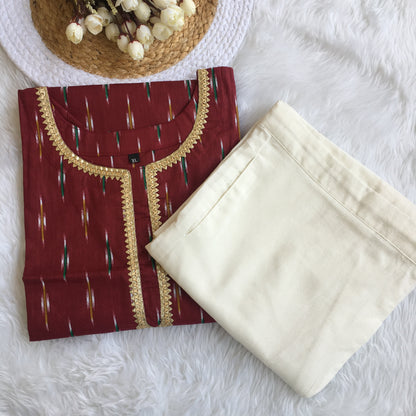 Maroon Ikkat Golden Lace - Knee Length - Cord Set - White Pant  - Pure Cotton