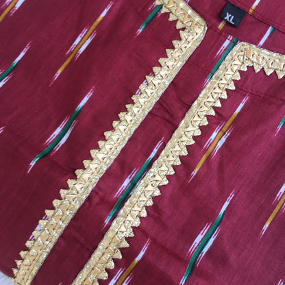Maroon Ikkat Golden Lace - Knee Length - Cord Set - White Pant  - Pure Cotton