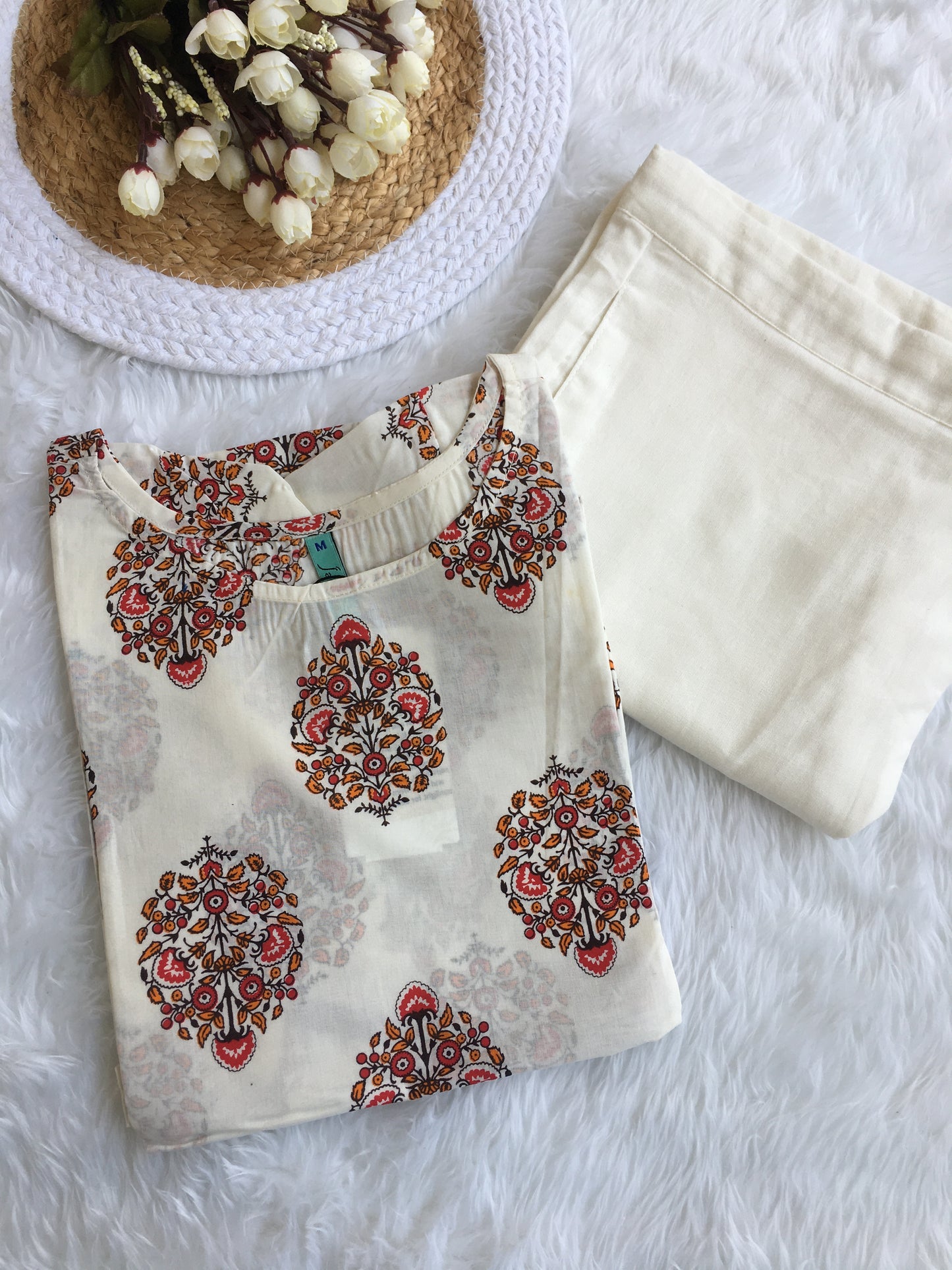 White Cotton Floral Print Straight Kurta with White Pant
