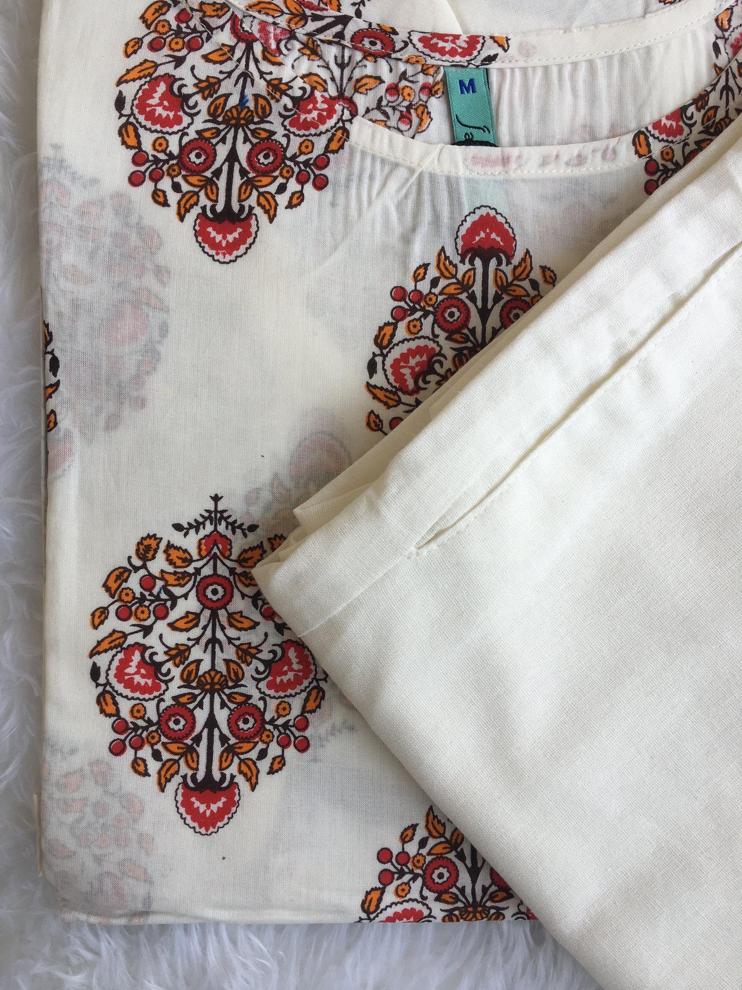 White Cotton Floral Print Straight Kurta with White Pant
