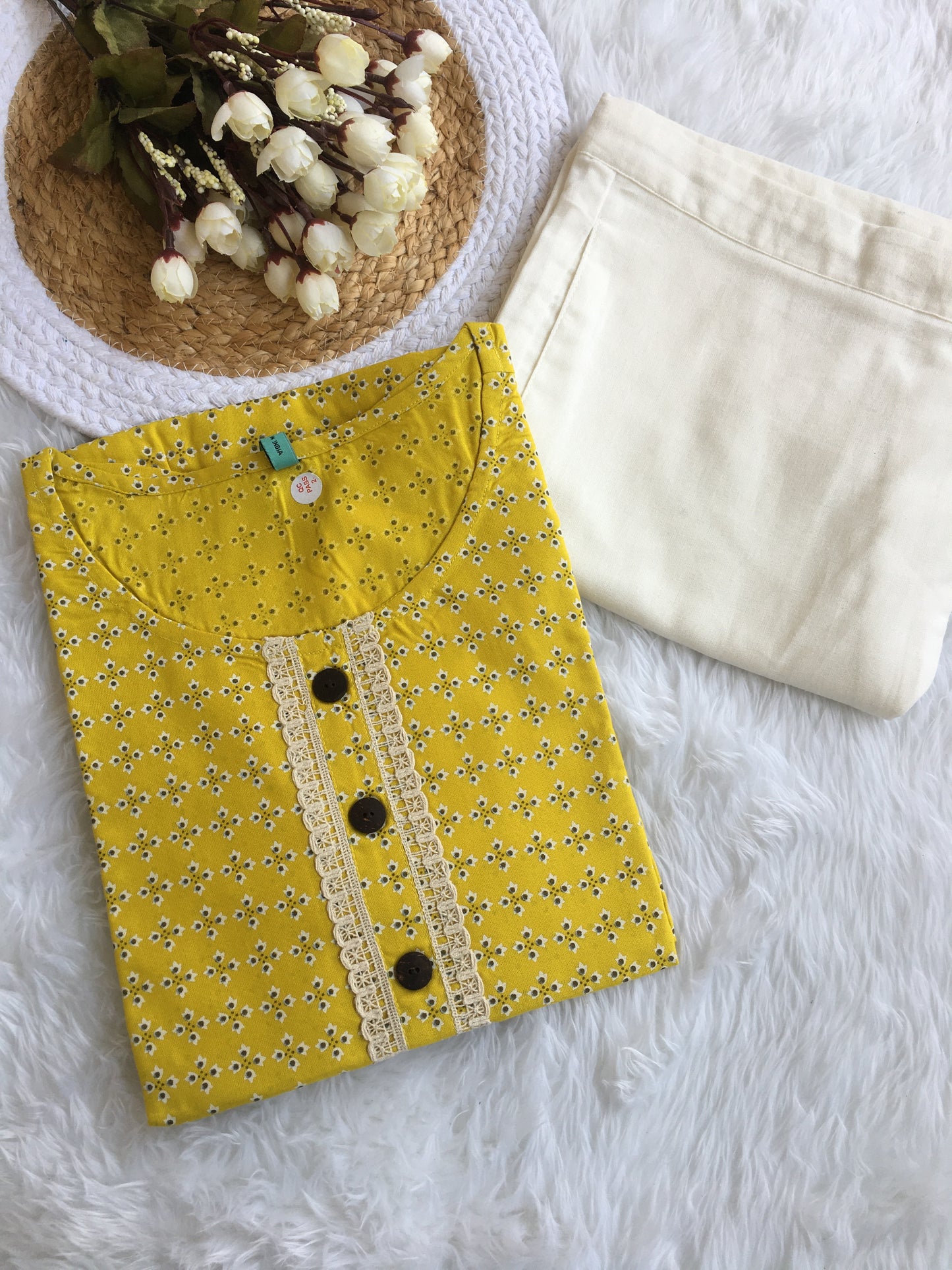 Yellow Lace work Knee Length Kurti with Plain White Pant  - 3871