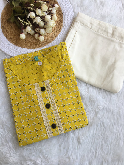 Yellow Lace work Knee Length Kurti with Plain White Pant  - 3871