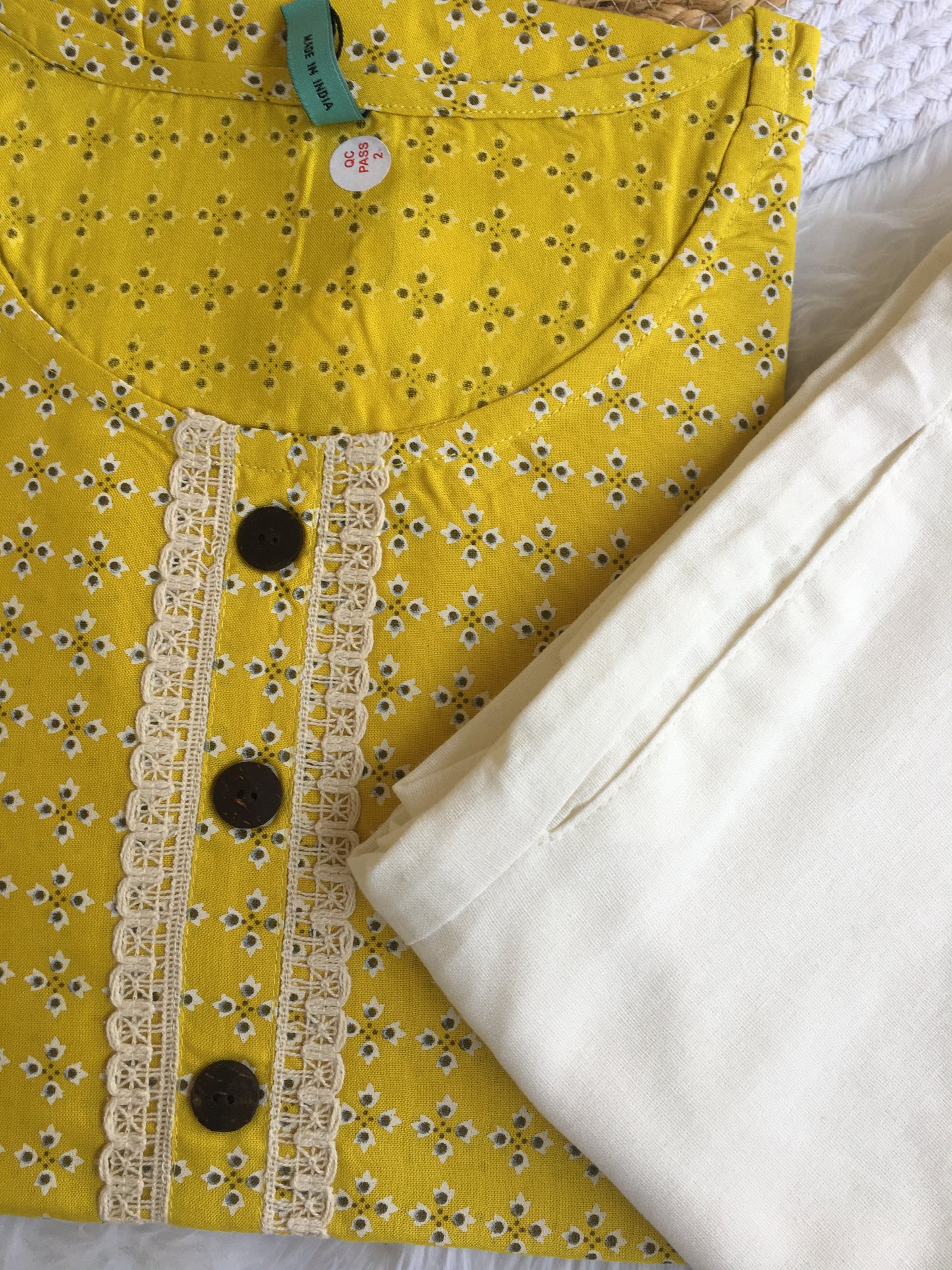 Yellow Lace work Knee Length Kurti with Plain White Pant  - 3871