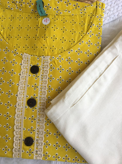 Yellow Lace work Knee Length Kurti with Plain White Pant  - 3871