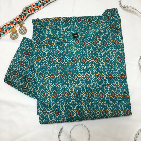 Pure Cotton - Short Kurti - Kalamkari Ajrakh - Firozi