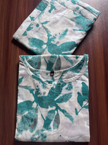 Sea Green White Petals - Cord Sets - Pure Cotton