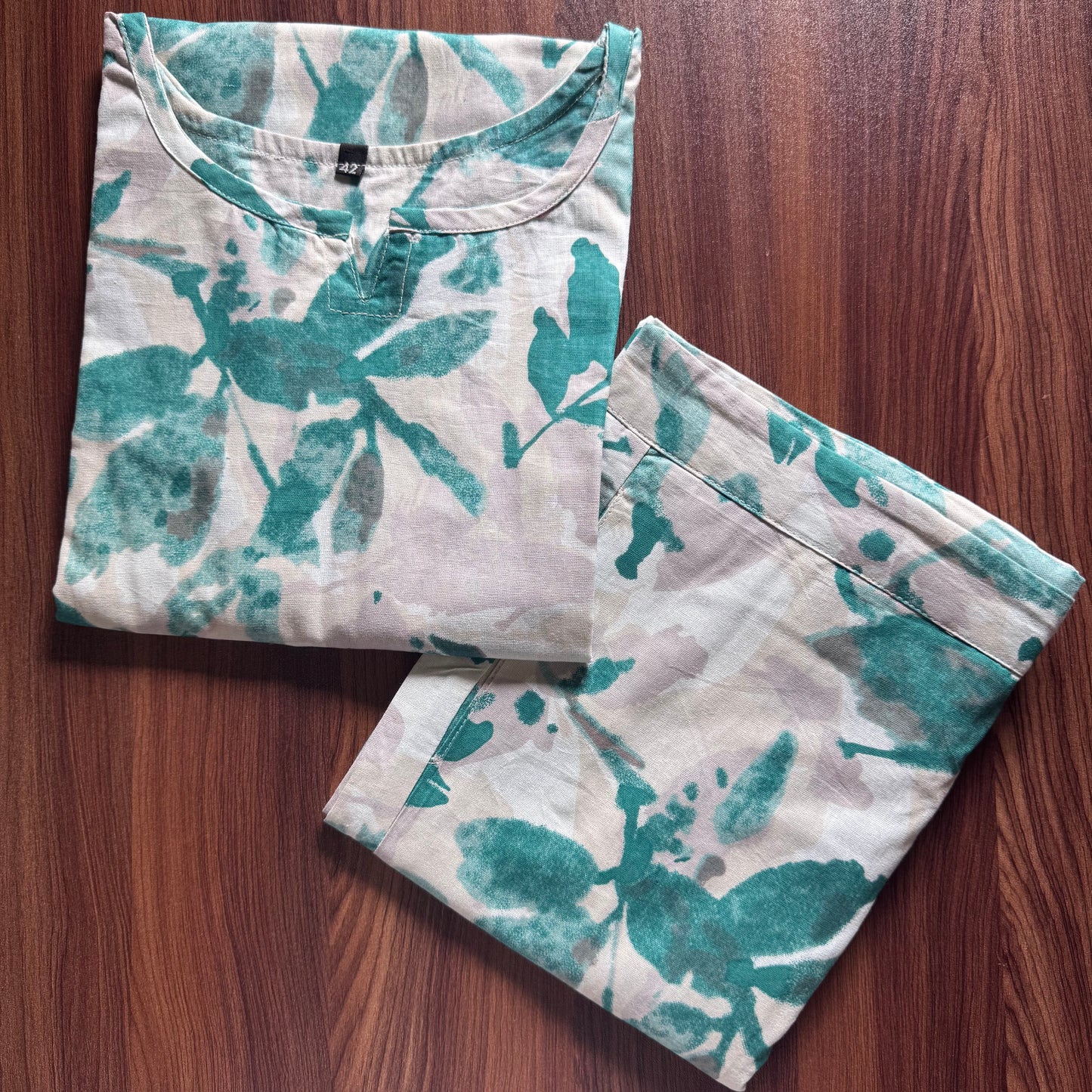 Sea Green White Petals - Cord Sets - Pure Cotton