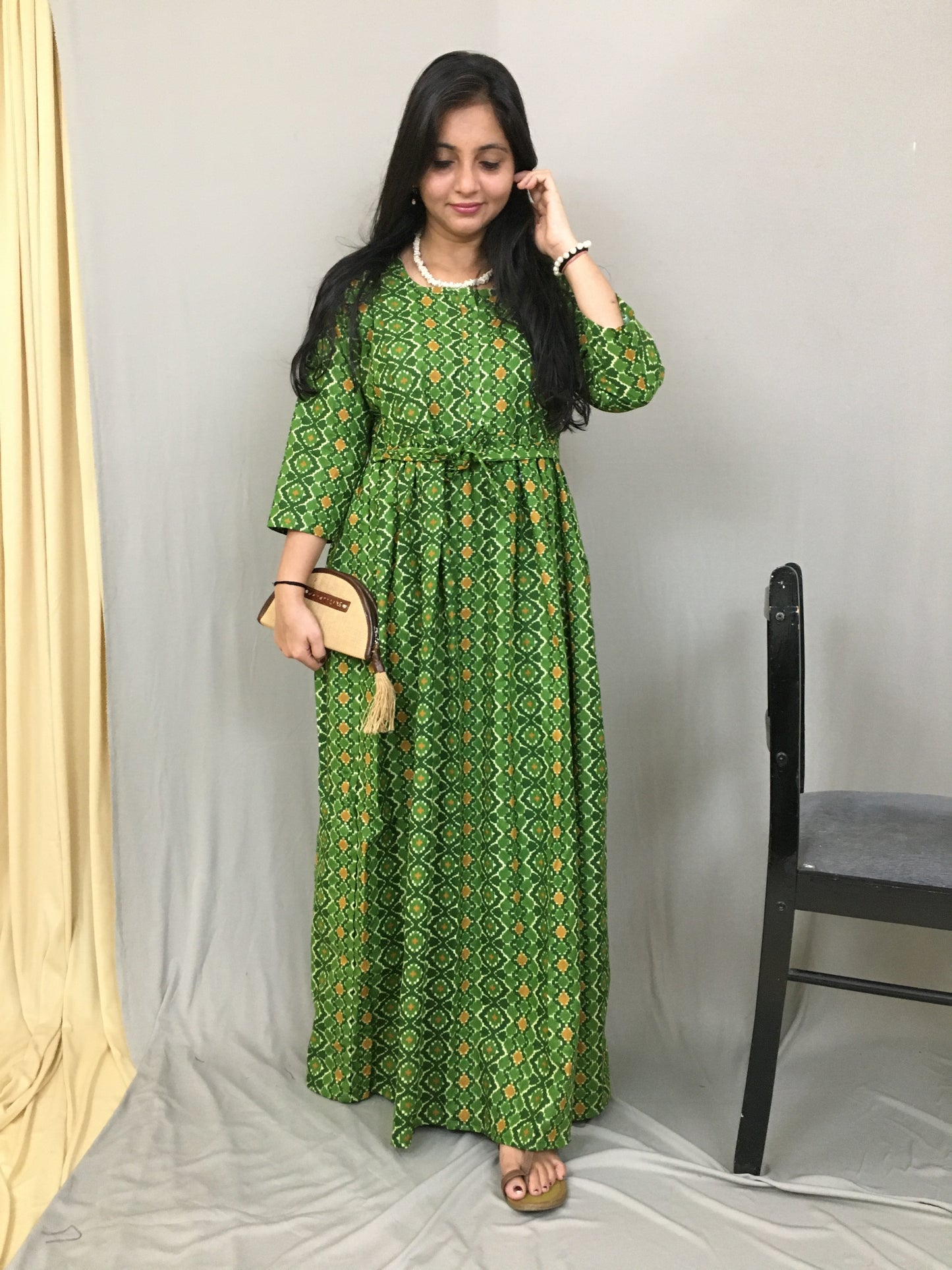 Patola Green Yellow - Maternity Kurti with Feeding Zips - Cotton Flex - Thicker Fabric